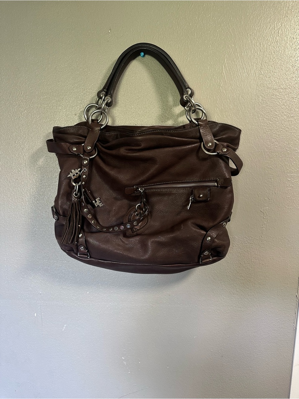 Juicy Couture Classic Brown Leather “ key and lock “  Tote Handbag-Brown